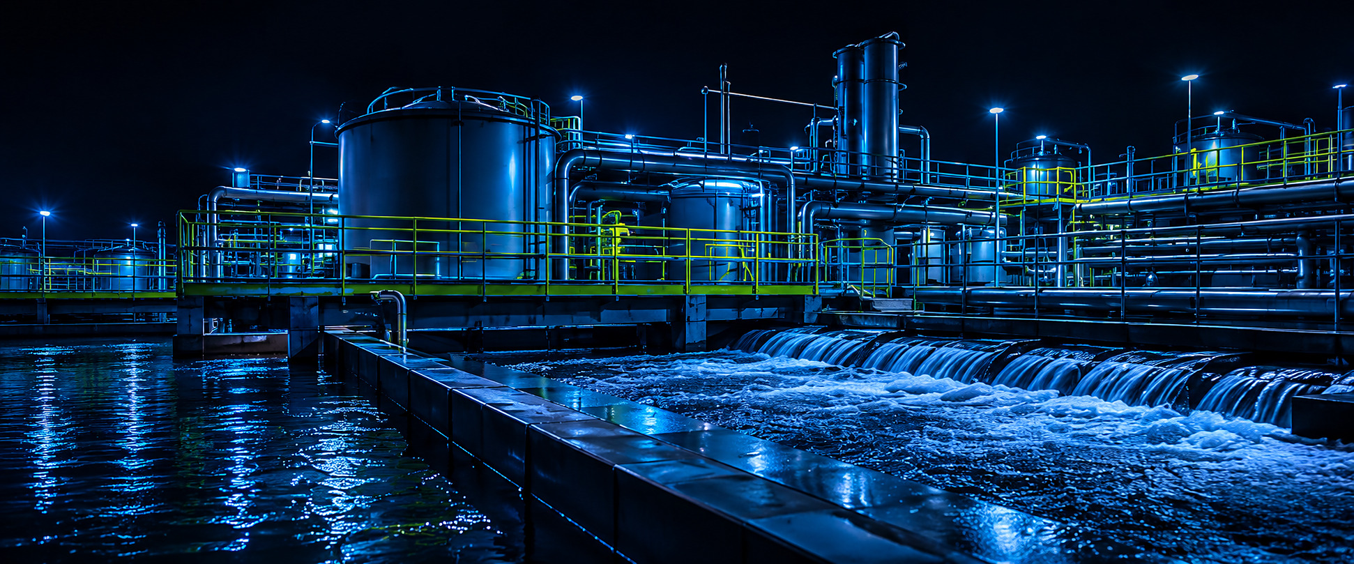 Water treatment plant illuminated at night, with tanks, walkways and cascading water